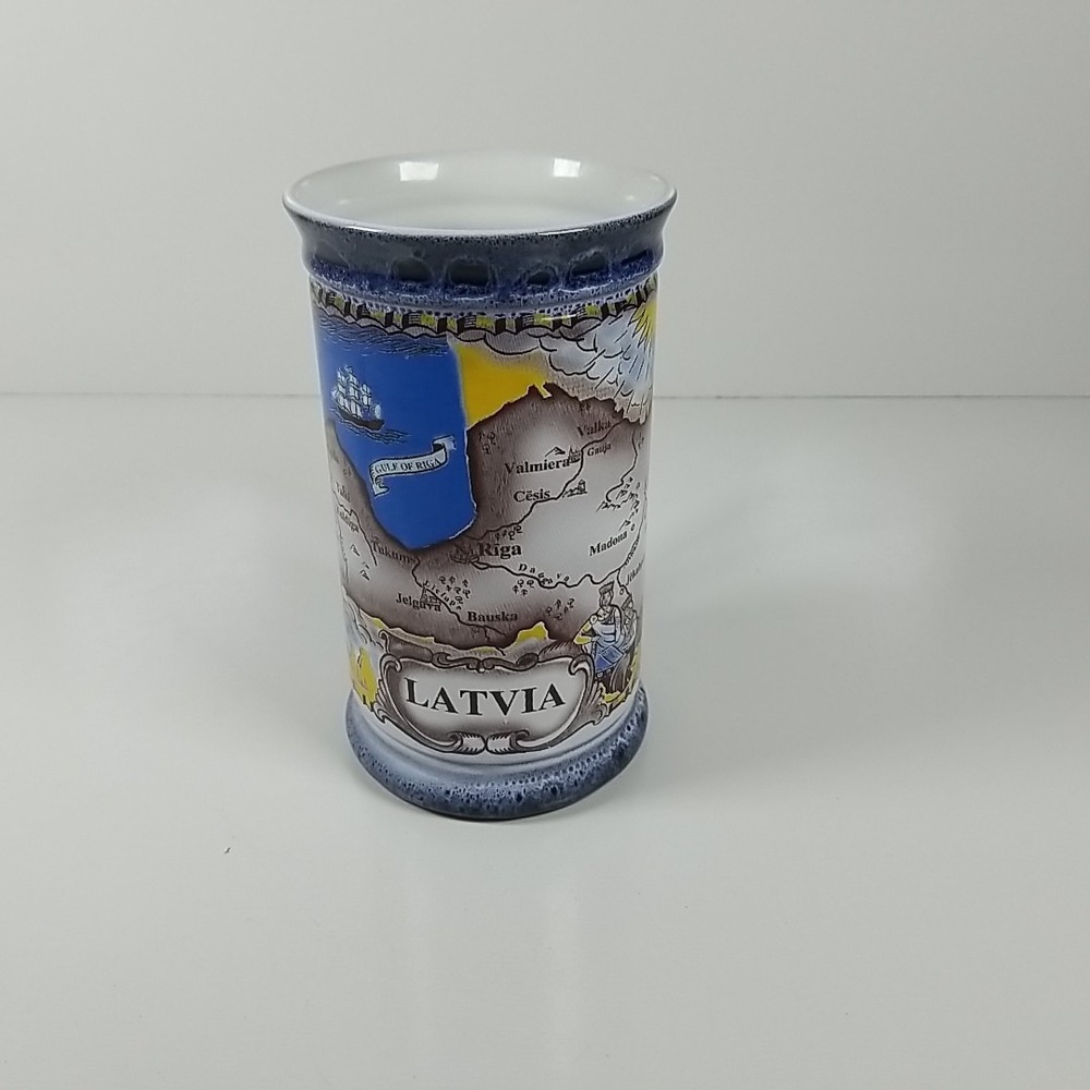Vintage Latvia Map Beer Coffee Mug Blue White 5.5 Inch Baltic Sea 1939 Souvenir